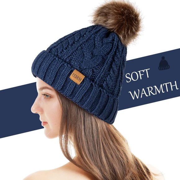 Womens Winter Warm Fleece Lined Knitted Soft Ski Cuff Beanie Hat with Pom Pom main image 5